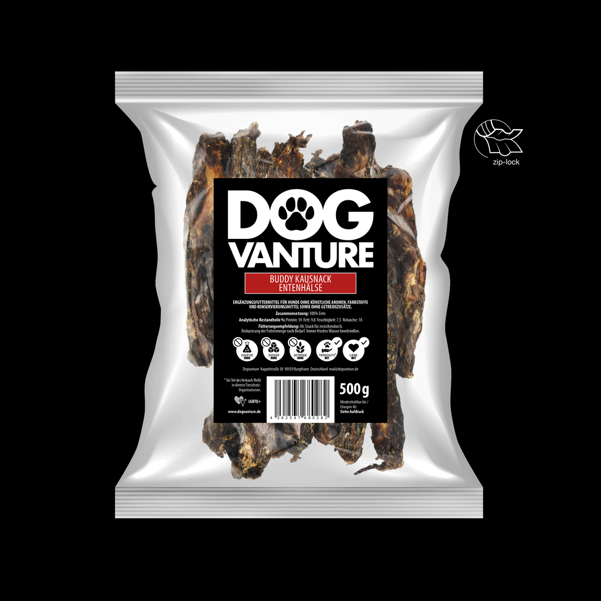 Kauartikel Entenhals Dogvanture in wiederverschließbarer Verpackung