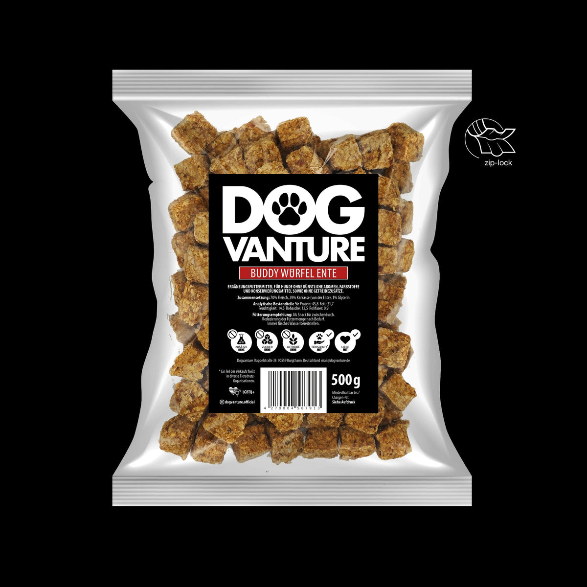 Verpackung Dogvanture Hundeleckerli Ente Maxi, 500 g, 99 % Monoprotein