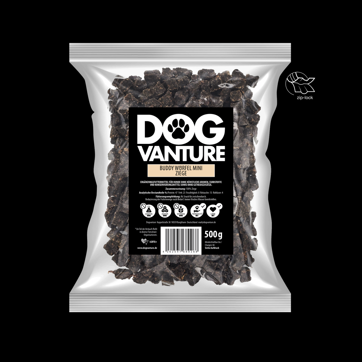 Dogvanture Hundeleckerli Ziege Würfel in wiederverschließbarer Verpackung
