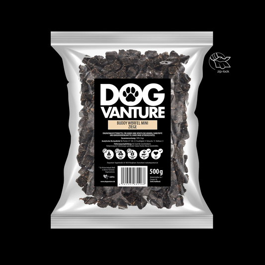 Dogvanture Hundeleckerli Ziege Würfel in wiederverschließbarer Verpackung