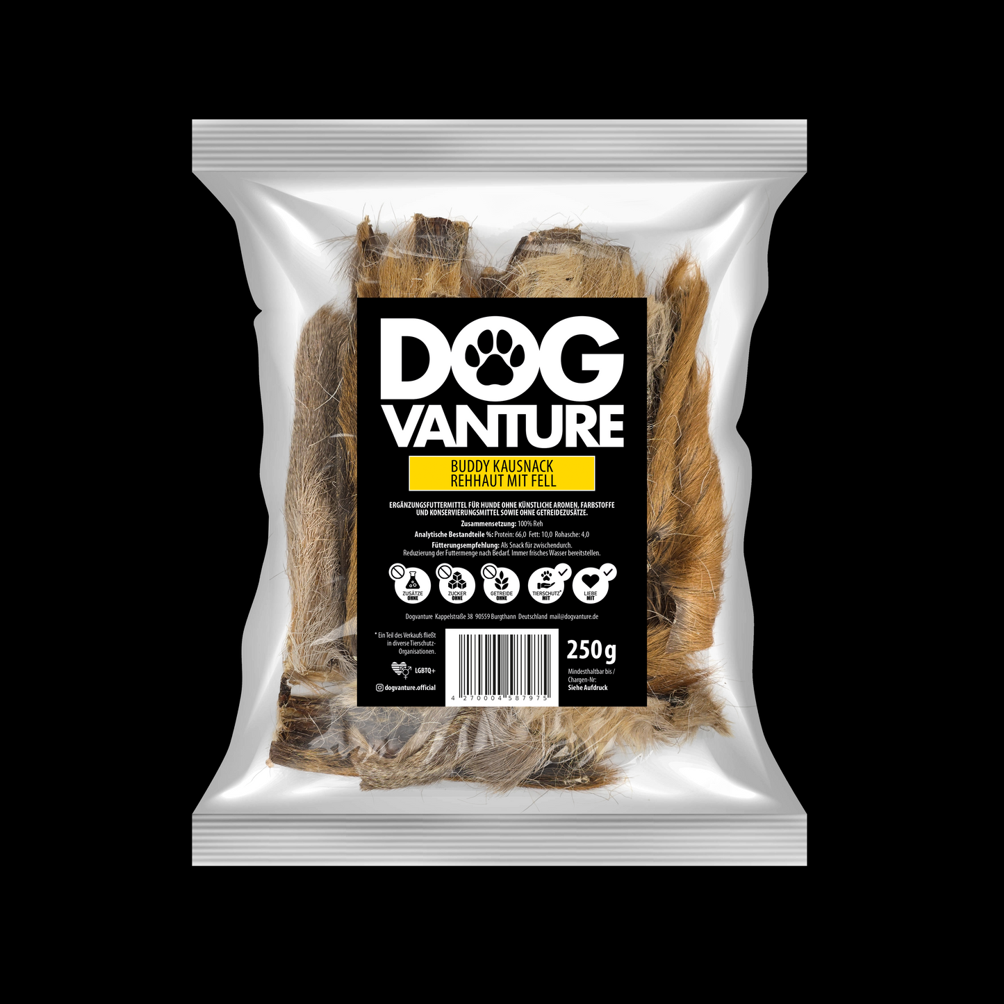 BUDDY KAUSNACK Rehhaut mit Fell, 100% Naturprodukt, 250g