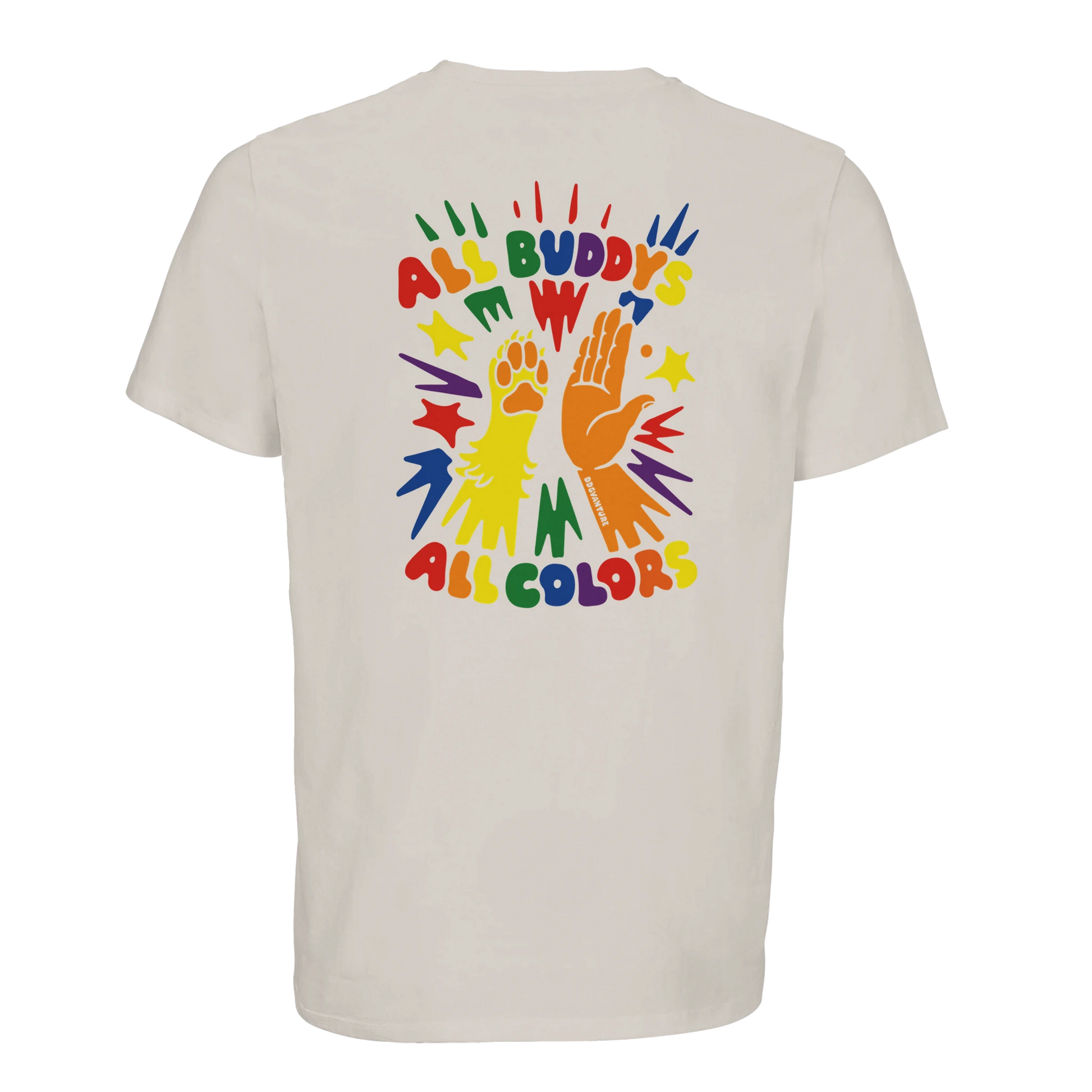 Dogvanture Pride Buddy Shirt – ALL BUDDYS ALL COLORS Print auf weißem Bio-Baumwoll-Shirt