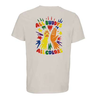 Dogvanture Pride Buddy Shirt – ALL BUDDYS ALL COLORS Print auf weißem Bio-Baumwoll-Shirt