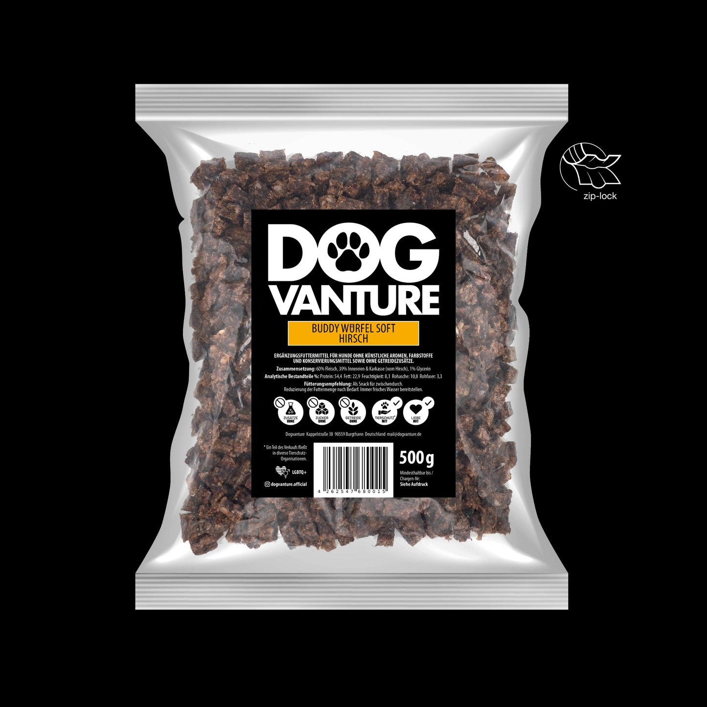 Verpackung Dogvanture Hirsch Hundeleckerli Soft, 500g, Monoprotein 